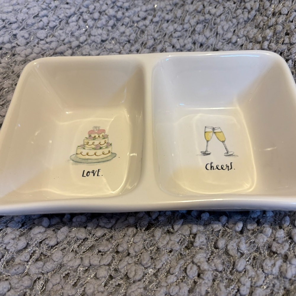 Rae Dunn White Ceramic Divided Dish with Cake and Champagne